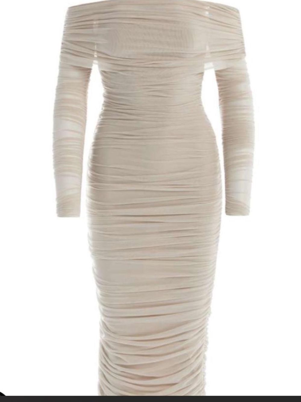 Naked Wardrobe Cream Off Shoulder Ruched Midi Dress Bodycon NWOT